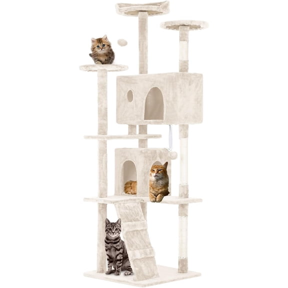FDW Beige 70in Multi-Level Cat Tree Tower with Scratching Posts, Condo and Hanging Toys for Indoor Cats