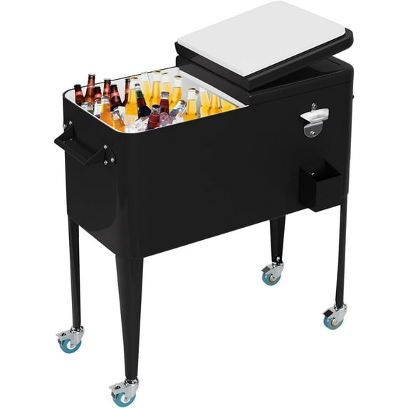 FDW 80 Quart Outdoor Cooler Cart Rolling Ice Cooler Ice Chest with Wheels Side Handles Bottle Opener Cap Catcher Portable Drink Cooler for Parties Poolside Patio BBQ Beach, Black