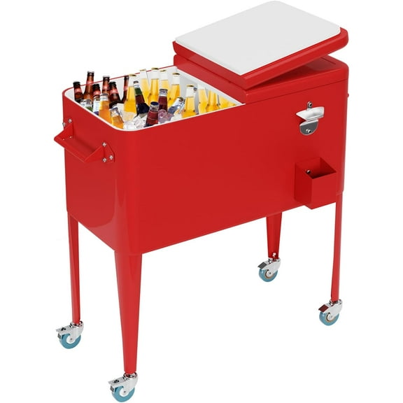 FDW 80 Quart Outdoor Cooler Cart Rolling Ice Cooler Ice Chest with Wheels Side Handles Bottle Opener Cap Catcher Portable Drink Cooler for Parties Poolside Patio BBQ Beach, Red