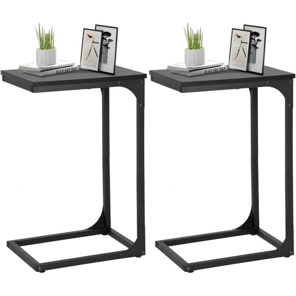 FDW C-Shaped End Table Wooden Top with Metal Frame,Set of 2,Black