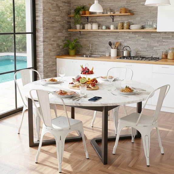 FDW | Set of 4 Metal Dining Chairs | White | Stackable Tolix Side Chairs with Backrest | Scratch-Resistant | Non-Slip Feet | Indoor/Outdoor Use | 330 lbs Capacity | Ideal for Kitchen & Restaurant