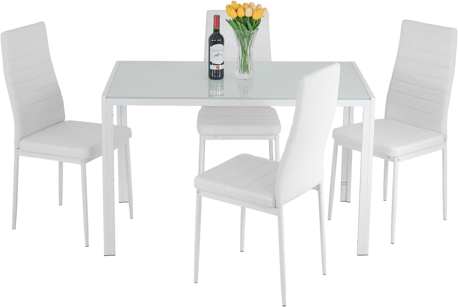 FDW Modern Rectangular Dining Table Set for 4, White Glass Kitchen