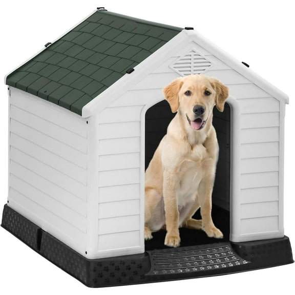FDW Dog House Indoor Outdoor Durable Ventilate Waterproof Pet Plastic Dog House for Large Dogs,41"L x 37"W x 39"H,Green