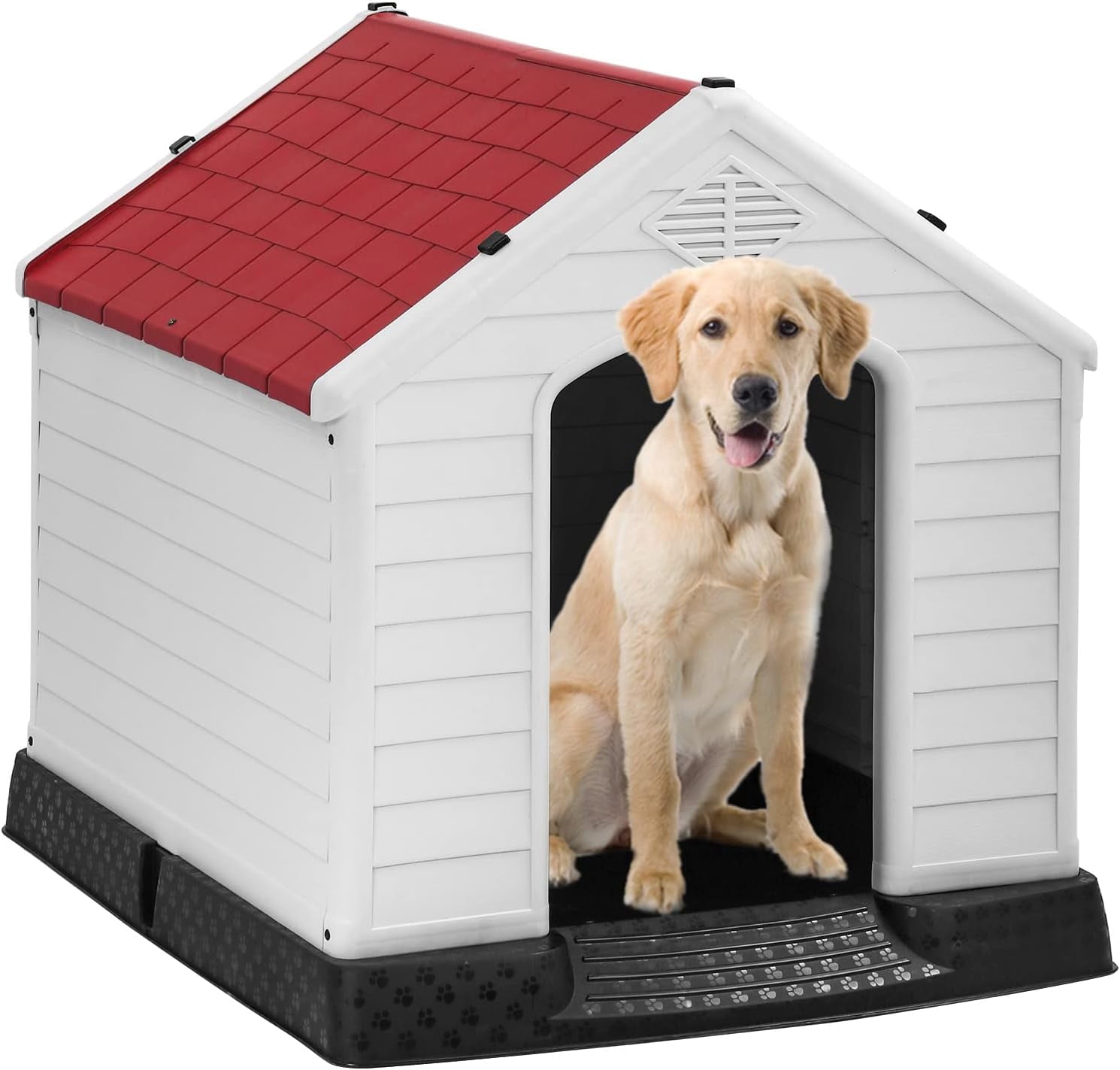 FDW Red Waterproof Plastic Pet House Indoor Outdoor Ventilated Shelter for Large Pets 41"L x 37"W x 39"H