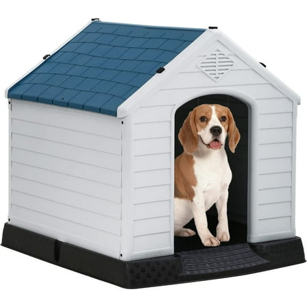 FDW Dog House Indoor Outdoor Durable Ventilate Waterproof Pet Plastic Dog House for Small Medium Large Dogs,28"L x 26"W x 28"H,Blue