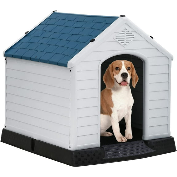 FDW Dog House Indoor Outdoor Durable Ventilate Waterproof Pet Plastic Dog House for Small Medium Large Dogs,28"L x 26"W x 28"H,Blue