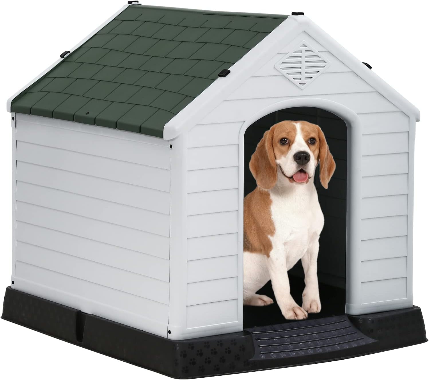 FDW Dog House Indoor Outdoor Durable Ventilate Waterproof Pet Plastic Dog House for Small Medium Large Dogs,28"L x 26"W x 28"H,Green