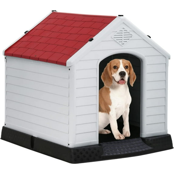 FDW Dog House Indoor Outdoor Durable Ventilate Waterproof Pet Plastic Dog House for Small Medium Large Dogs,28"L x 26"W x 28"H,Red
