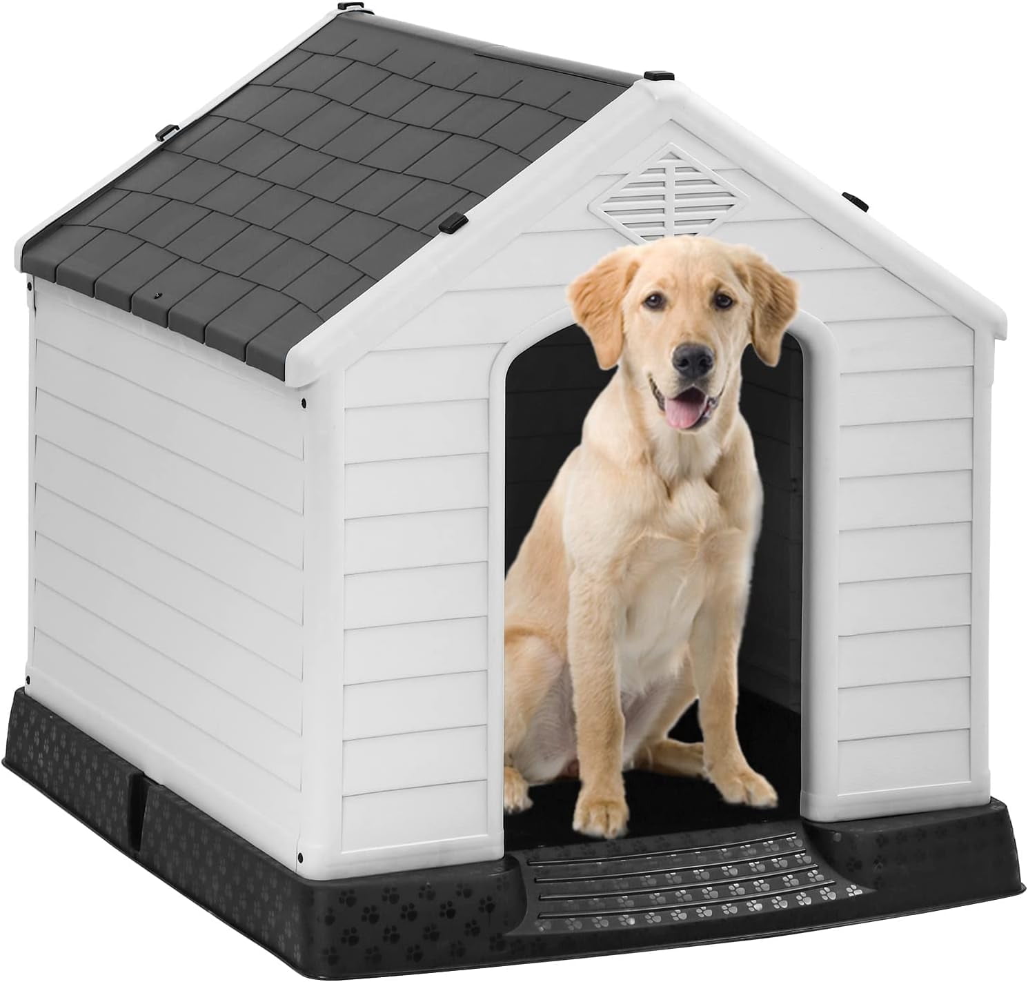 FDW Dog House Indoor Outdoor Durable Ventilate Waterproof Pet Plastic Dog House for Small Medium Large Dogs,34.5"L x 30.5"W x 32"H,Grey