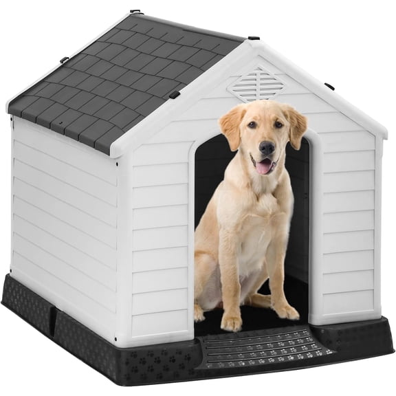 FDW Dog House Indoor Outdoor Durable Ventilate Waterproof Pet Plastic Dog House for Small Medium Large Dogs,34.5"L x 30.5"W x 32"H,Grey