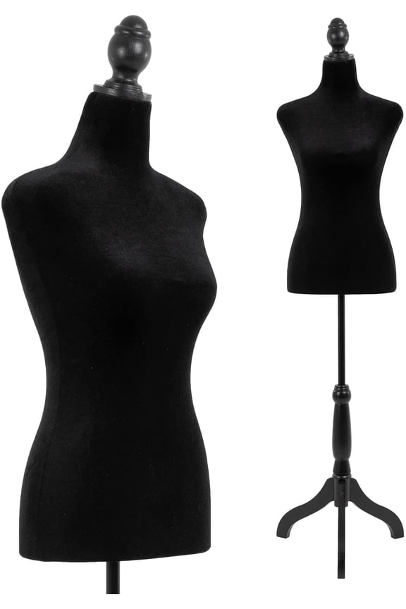 63" Female Mannequin Dress Form, Height Adjustable Wood Stand with Black Fabric Body for Adult Women Display