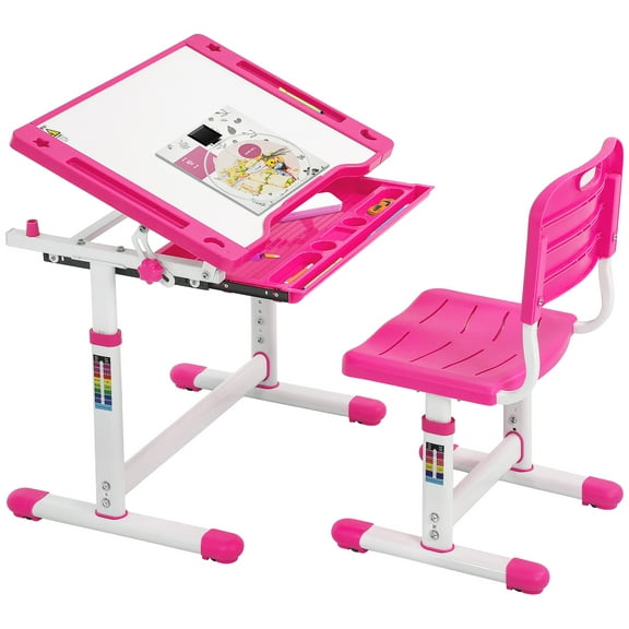 FDW Height Adjustable Multifunctional Children's Study Desk Table Chair Set with Drawer for Kids (Pink)