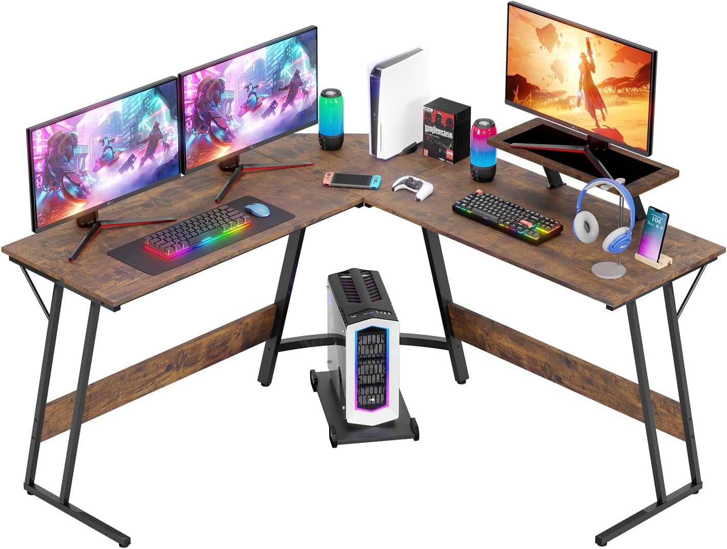 FDW L Shaped Desk Corner Gaming Desk with Large Desktop Studying Working Desk, Brown