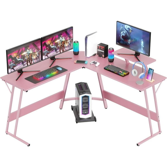 FDW L Shaped Desk Corner Gaming Desk with Large Desktop Studying Working Desk, Pink