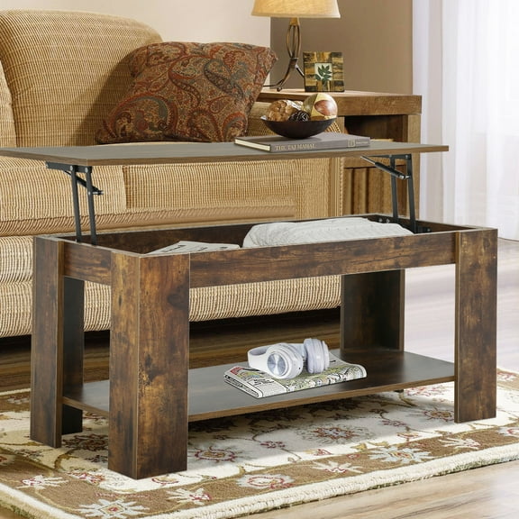FDW Lift Top Coffee Table With Hidden Compartment and Lower Shelf Silent Air Rod- Pop-Up Tabletop For living Room Reception Room ,Brown