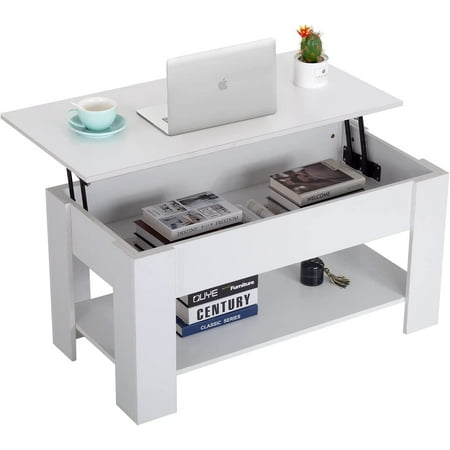 FDW Lift Top Coffee Table with Hidden Compartment and Storage Shelf Wooden Lift Tabletop(White)