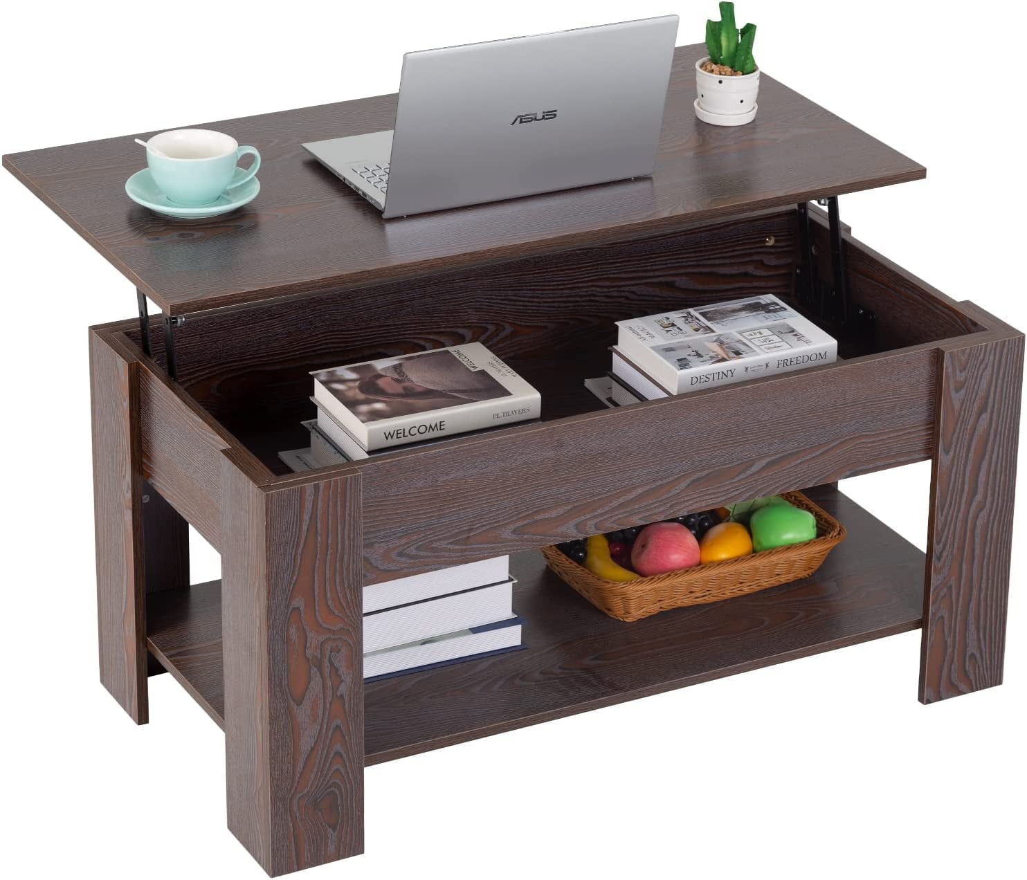 Modern Vintage Style Lift-Top Coffee Table With Large Hidden Storage & 2-Tier Bottom Shelf Espresso