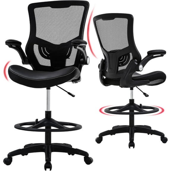 FDW Mid-Back Mesh Office Chair with Flip-Up Arms，Ergonomic Chair Lumbar Support Foot Ring, Black