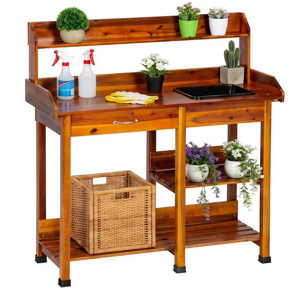 FDW Outdoor Potting Bench Table with Sink & Drawer with 132 lb Weight Capacity, Natural