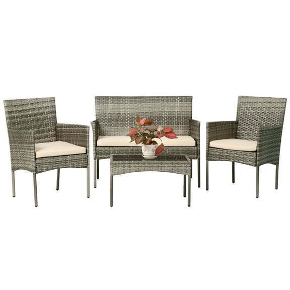 FDW Patio Conversation Set 4 Pieces Wicker Outdoor Furniture Set with Loveseat, Gray Wicker / Khaki Cushions