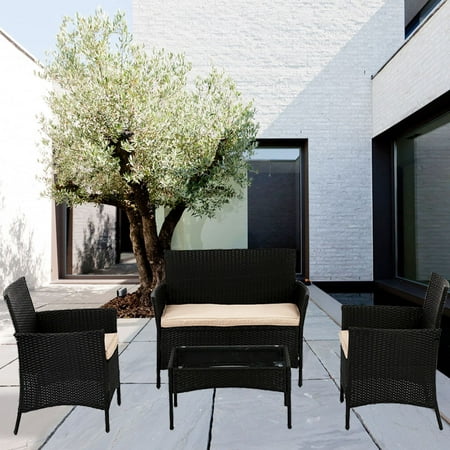 FDW Patio Rattan Wicker Furniture Outdoor 4pc Rattan Sofa Garden Conversation Set with White Cushions