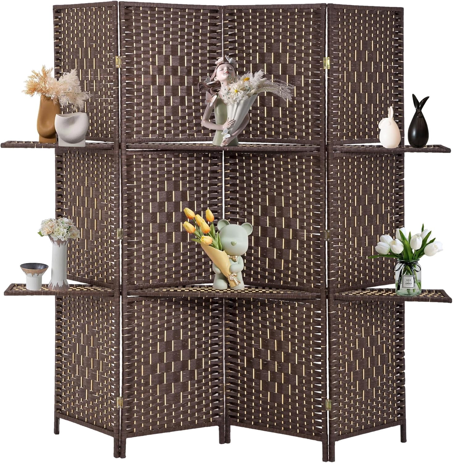 FDW Room Divider 4 Panel Room Screen Divider Wooden Screen Folding, Brown