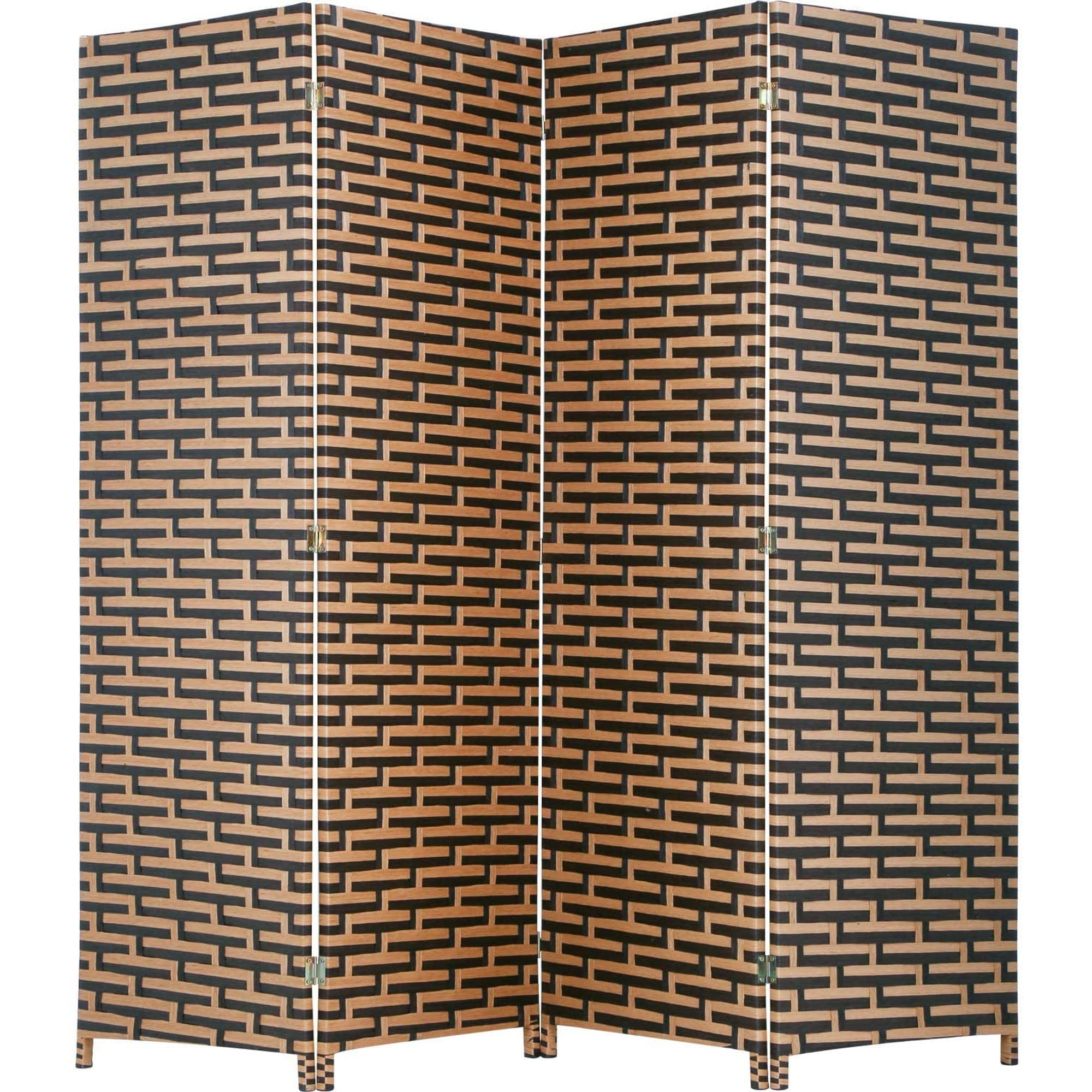 71'' Black and Natural Wood Folding Room Divider with Woven Design
