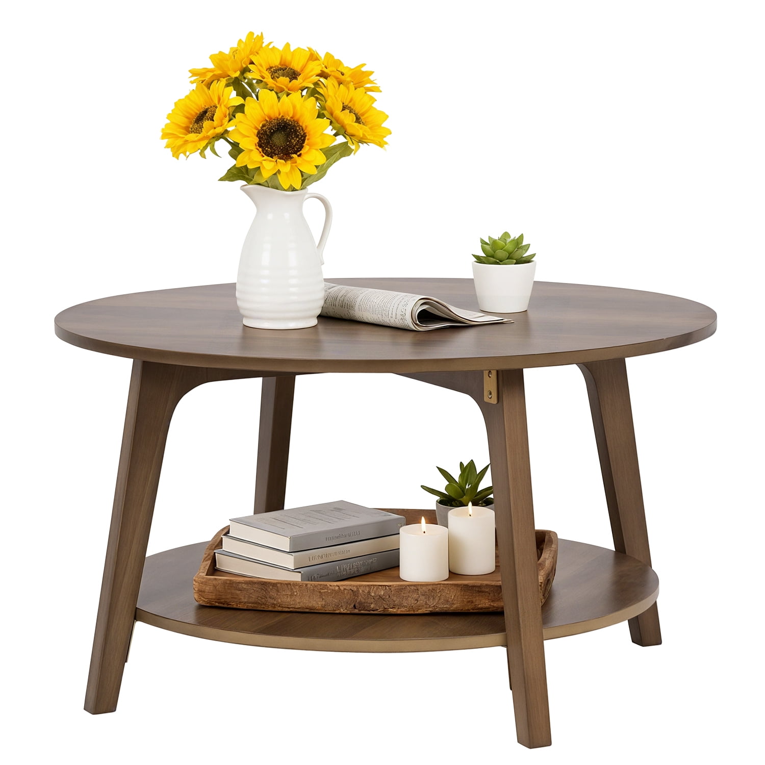 FDW Round Coffee Table with Storage and Sturdy MDF Top & Tapered Legs,Brown