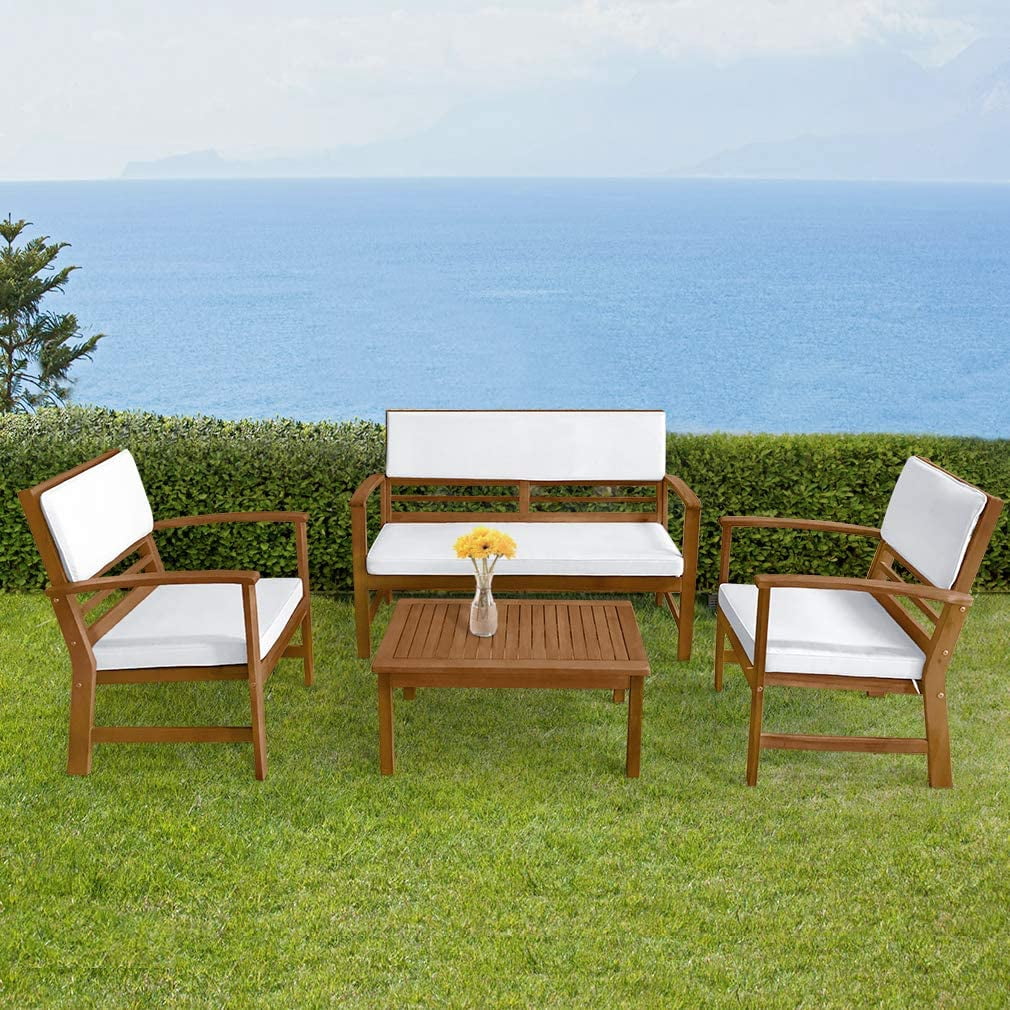 FDW Set 4-Piece Acacia Wood Outdoor Chat Patio Furniture with Cushions, Beige/White