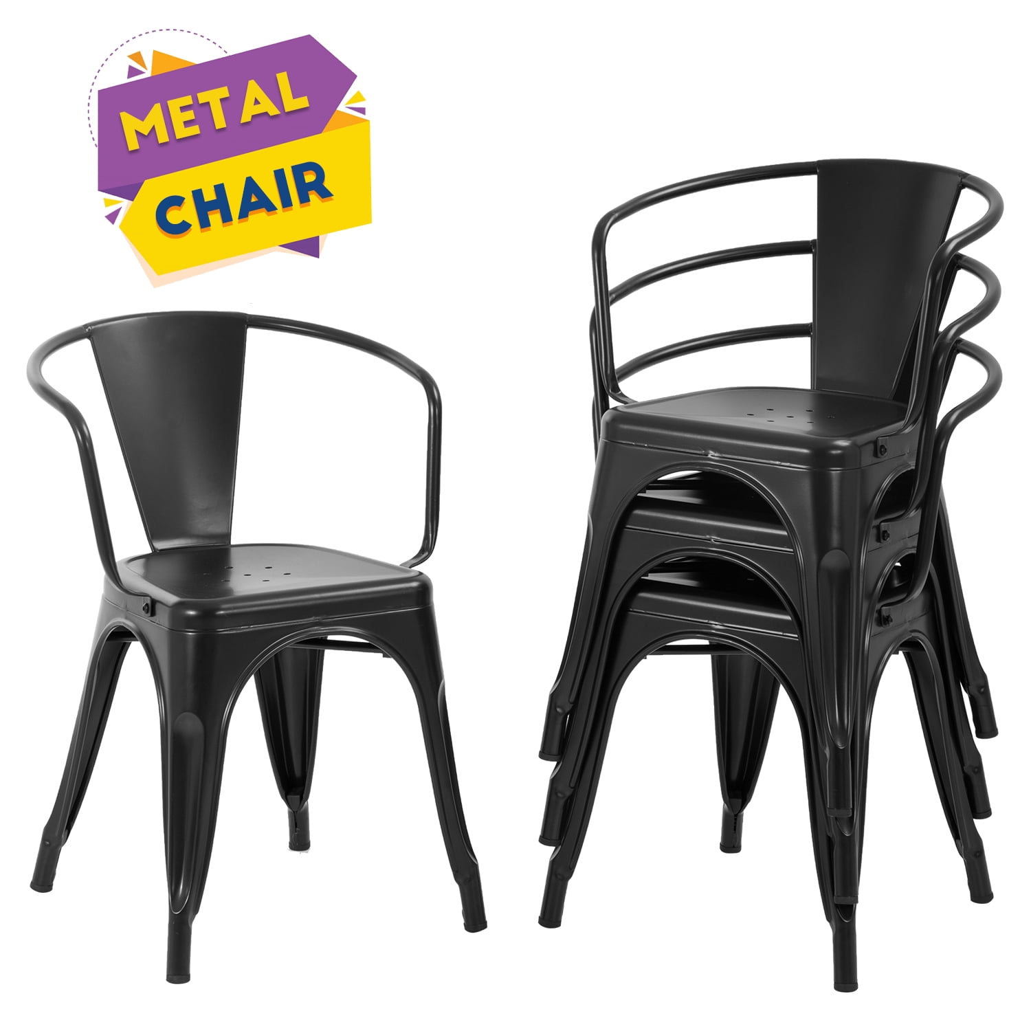Black Metal Indoor Outdoor Stackable Dining Side Chair Set
