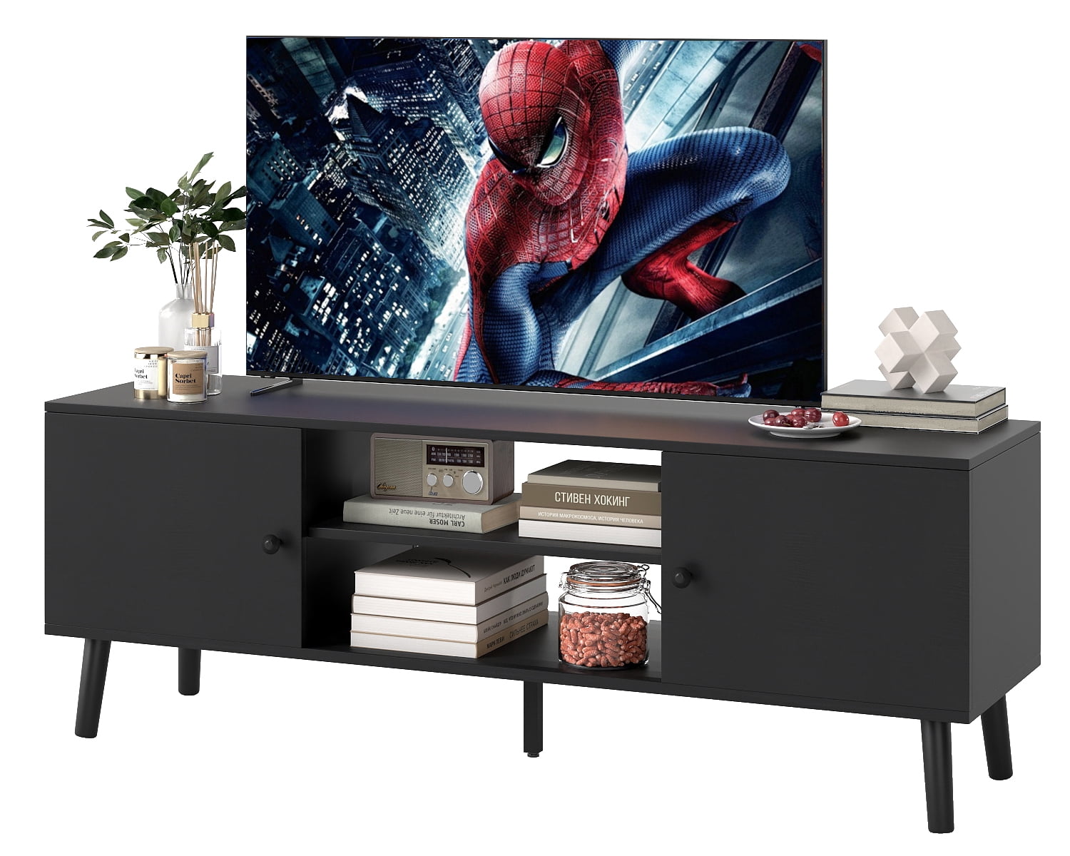 FDW TV Stand for 55 60 Inch TVs,with 2 Storage Cabinets and Open Shelves,Black