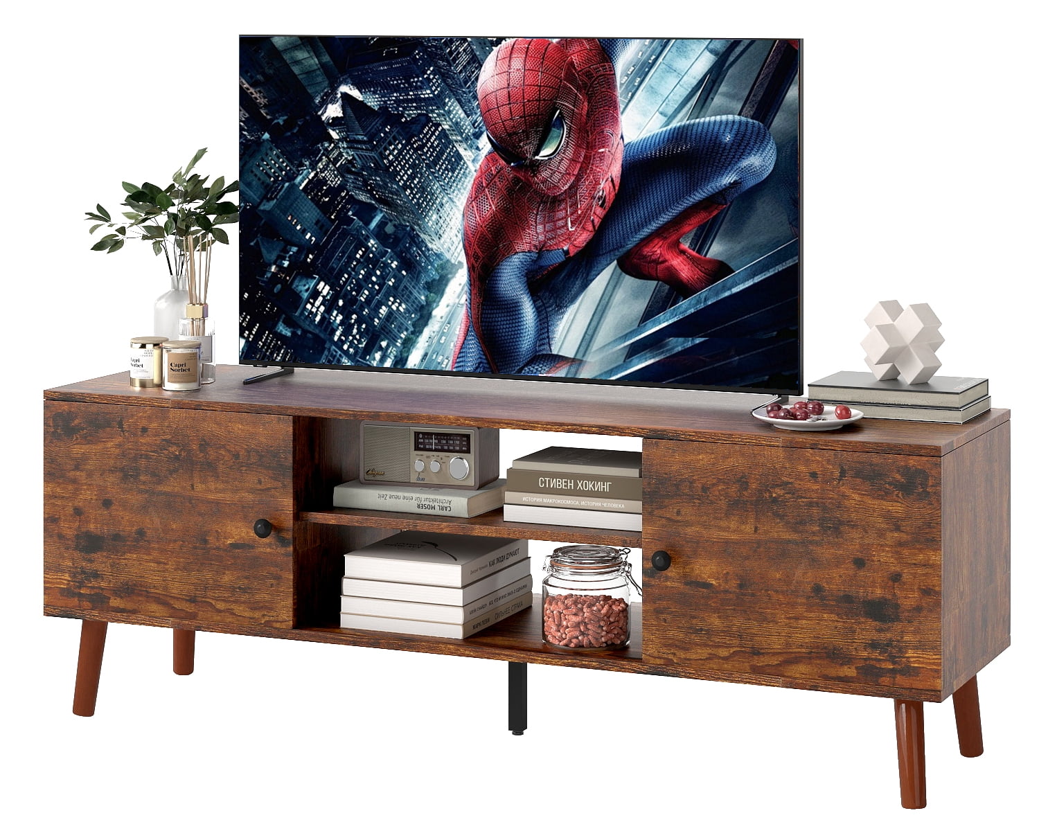 FDW TV Stand for 55 60 Inch TVs,with 2 Storage Cabinets and Open Shelves,Brown