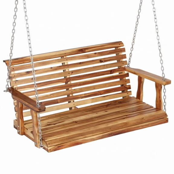 FDW Waterproof & Sun-Proof Wooden Porch Swing Bench for 2, Patio Garden Courtyard Chair, Heavy-Duty with Chains, Easy Assembly, Nature