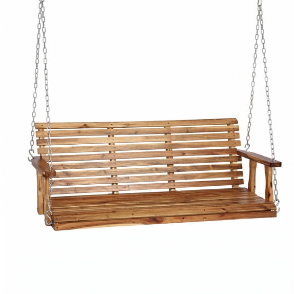 FDW Waterproof & Sun-Proof Wooden Porch Swing Bench for 3, Patio Garden Courtyard Chair, Heavy-Duty with Chains, Easy Assembly, Nature