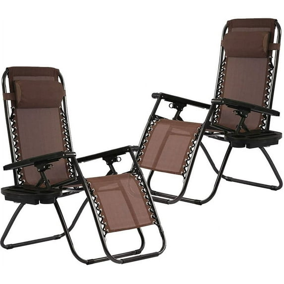 FDW Zero Gravity Lawn Lounge Chairs Set of 2 with Pillow and Cup Holder,Brown