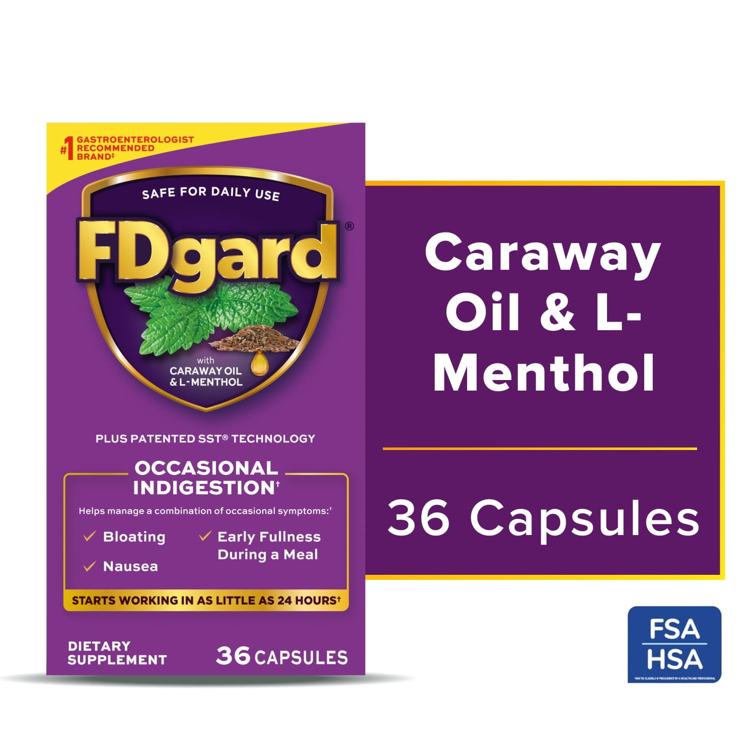 FDgard Digestive Health Supplement with Caraway Oil & L-Menthol for Occasional Nausea, Bloating & Upset Stomach, 36ct (Packaging May Vary)
