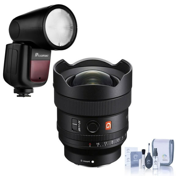 Sony FE 14mm f/1.8 GM Prime Lens, Bundle with Flashpoint Zoom Li-on X R2 TTL On-Camera Round Flash Speedlight, Cleaning Kit