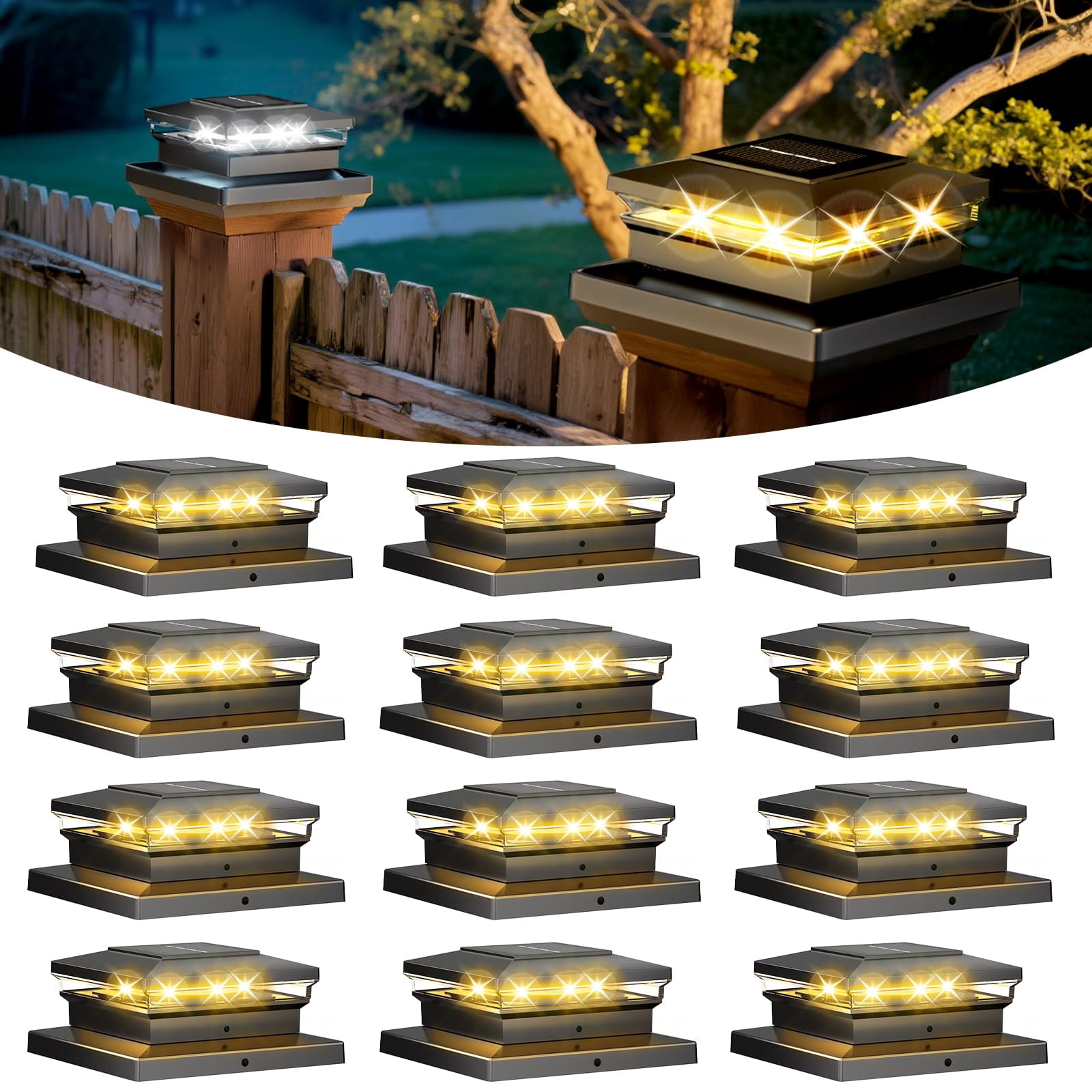 VOLISUN Solar Post Cap Lights – 12 Pack For 4x4 & 6x6 Fence Posts, Warm/Cool White