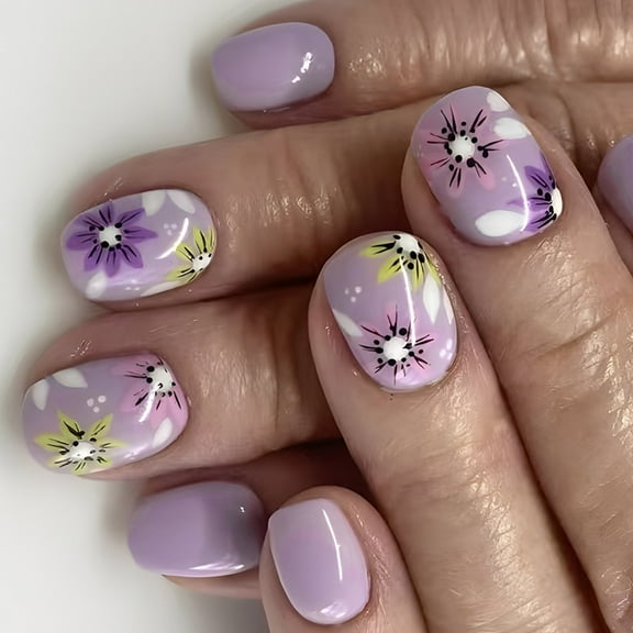 FEAMOS 24 Pieces Press On Nails Short Square False Nails Floral French Tips Full Covers Manicure Designs for Women