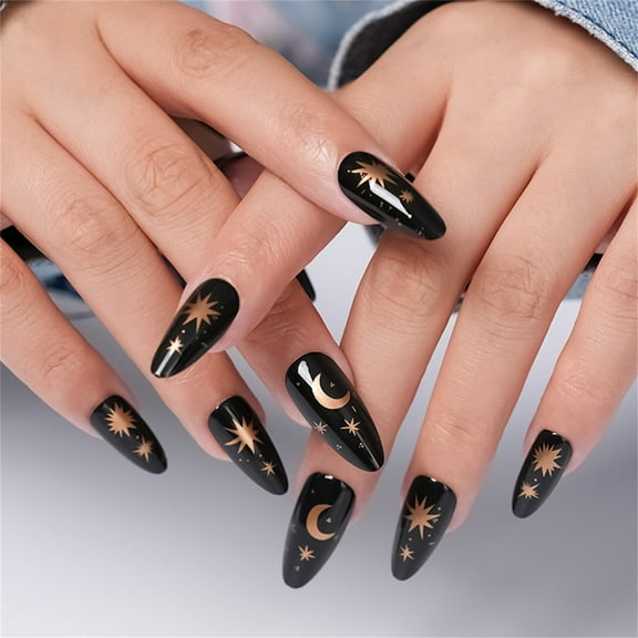 FEAMOS 24Pcs Women's Gothic Black Long French Tip Press On Nails with Star Moon Designs Almond Shape Faux Nails Glues On Nails