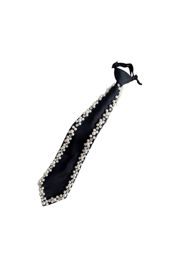 Elegant Handmade Pearls Decorated Neck Tie Adjustable Silk Pre Tied Necktie Neckwear for Formal Event Business Meeting