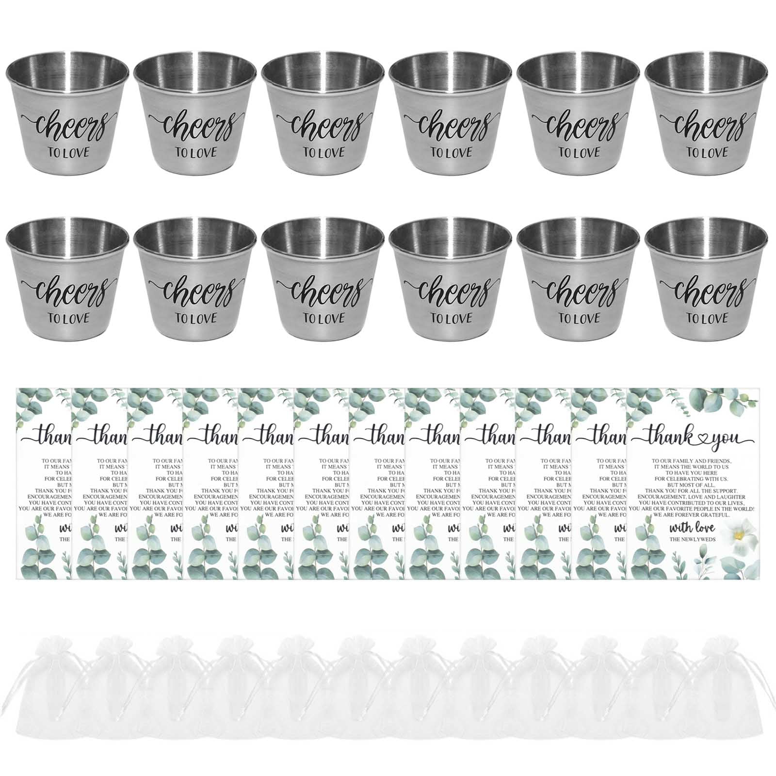 FEAMOS Pack Of 12 Wedding Souvenirs Keepsakes with Sheer Bags and Thank You Card Stainless Steel Cups Return Gifts for Guest