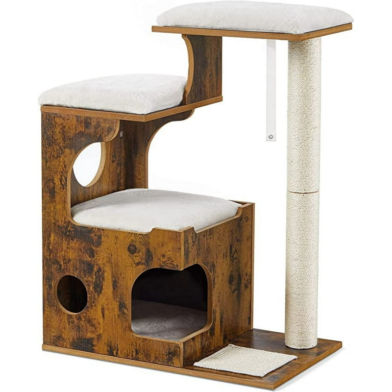 FEANDREA Vintage 3 Level 33.9 Cat Tree with Beds Cave Rustic Brown White