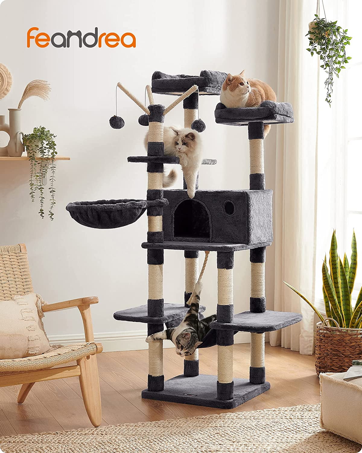 Smoky Gray 64.6" Wall Mount Cat Tree with Sisal Rope