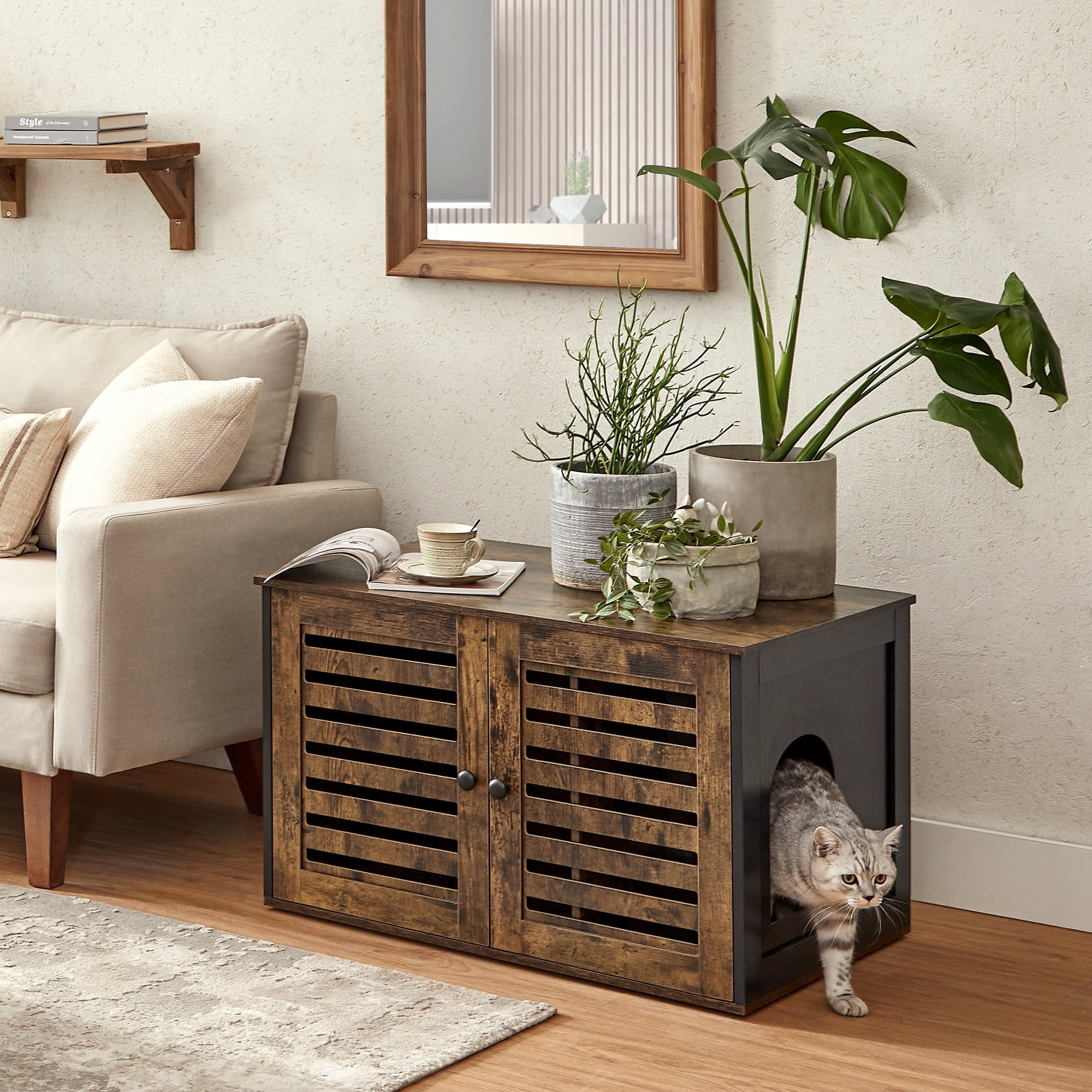 FEANDREA Cat Litter Box Enclosure with Removable Divider, Indoor Cat House, End Table with 2 Shutter Doors, 31.5 x 20.9 x 19.4 Inches, Rustic Brown and Black