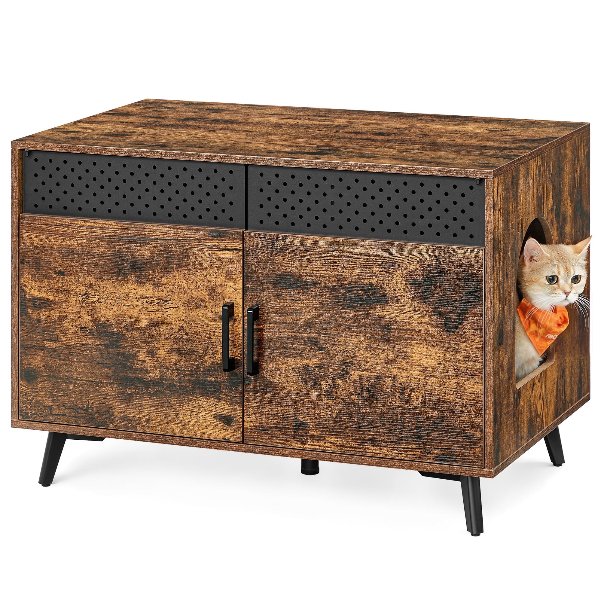 Rustic Brown Particleboard Cat Litter Box Enclosure with High Legs