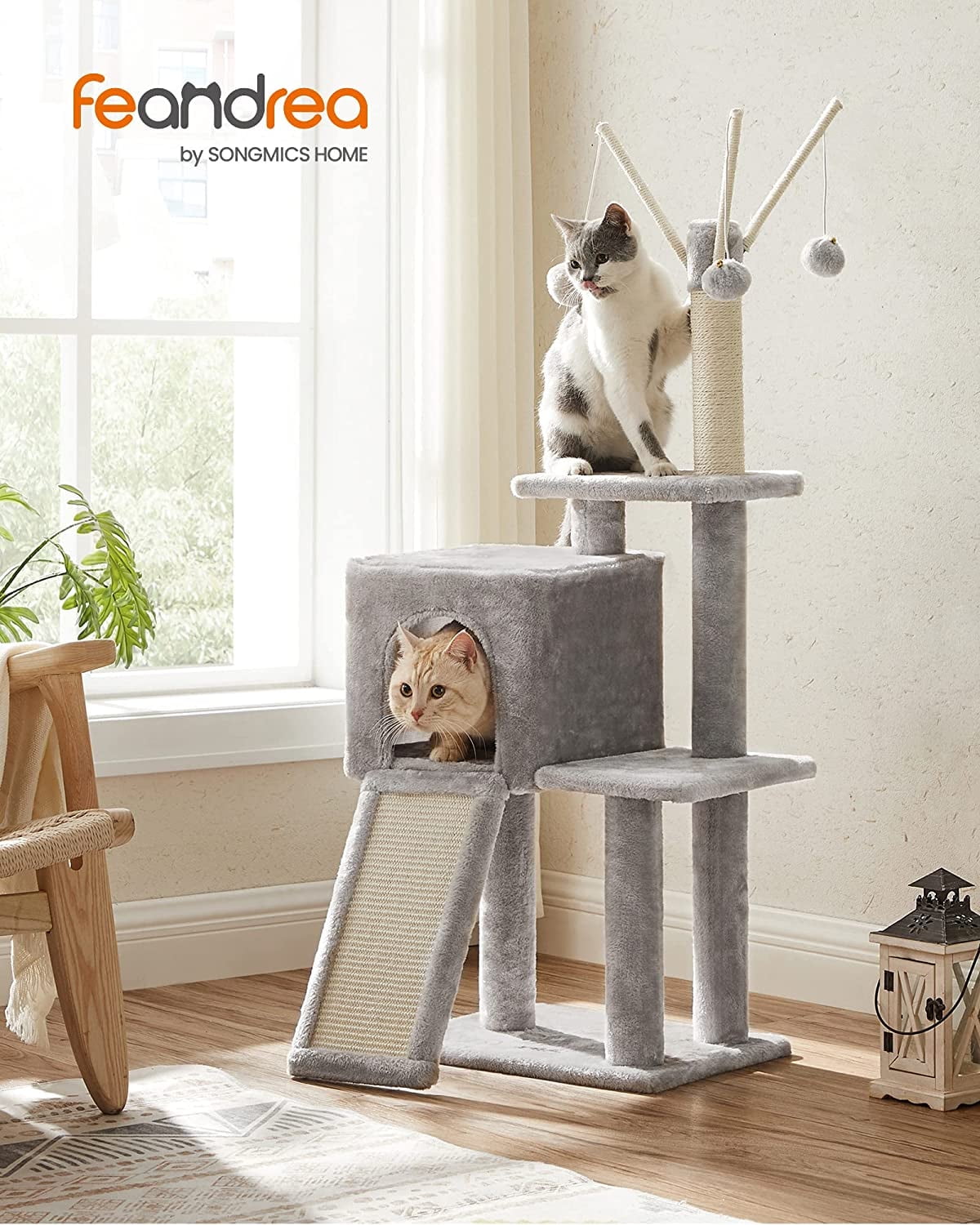 Light Gray Multi-Level Sisal Cat Tree with Plush Condo