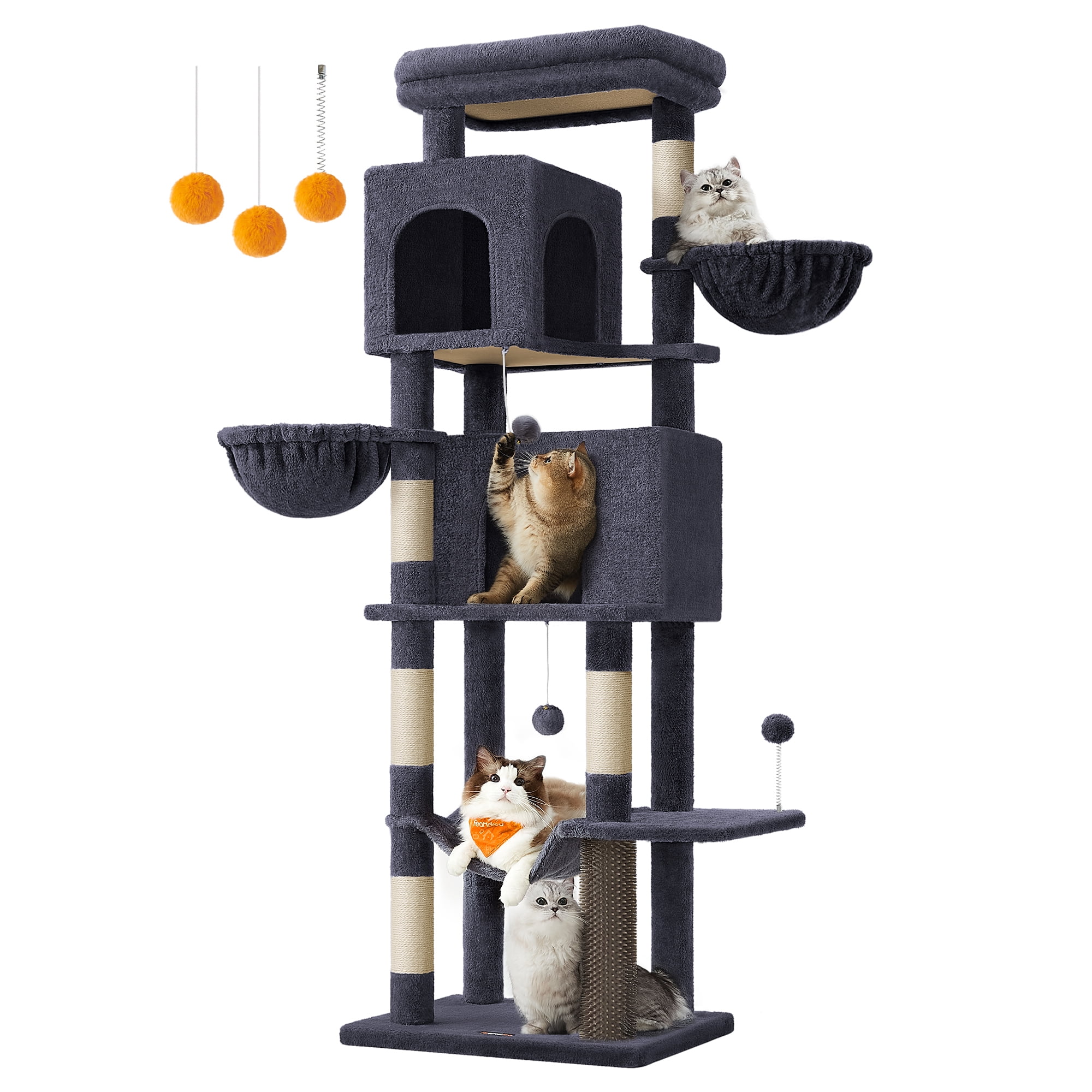 Feandrea 69-Inch Dark Gray Multi-Level Cat Tree Tower with Caves and Baskets