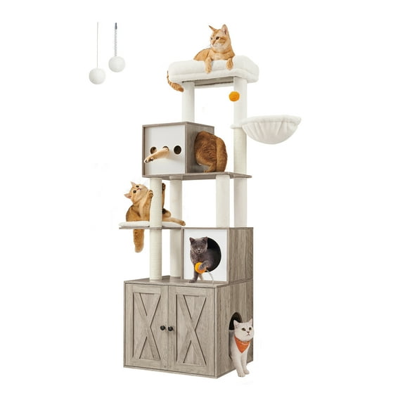 Cat Tree with Litter Box Enclosure - 2-in-1 Modern Cat Tower | 72.8-Inch Tall Condo with Scratching Posts, Perch, Caves, Basket, Washable Cushions, Greige