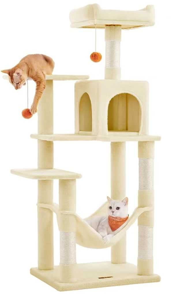 Feandrea 56.3 Cat Tree Tower for Indoor Cats Multi Level Cat Condo Cat Furniture with Scratching Posts Perches Hammock Cave Cream White Walmart